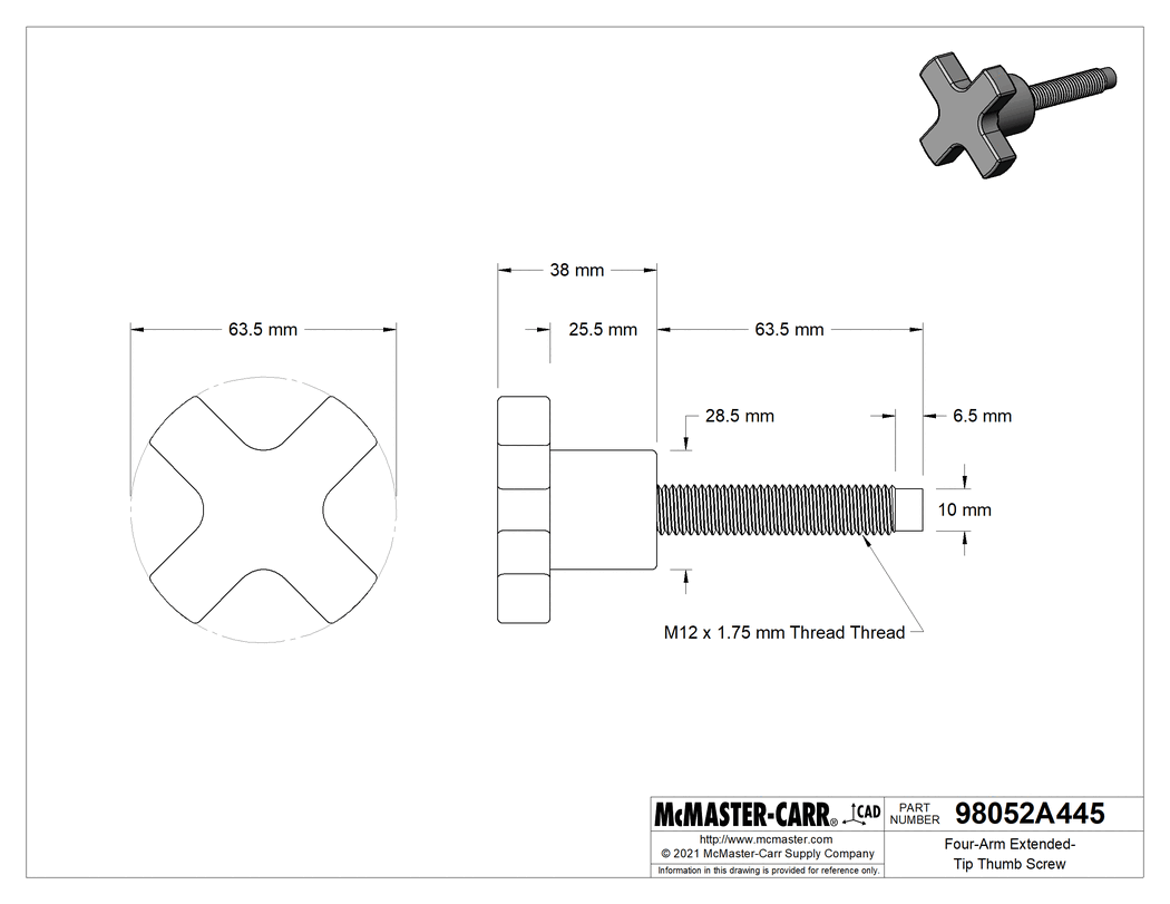 Technical Drawing of Four-Arm Extended-Tip Thumb Screw, M12 x 1.75 mm Thread Size, 63.5 mm Long.